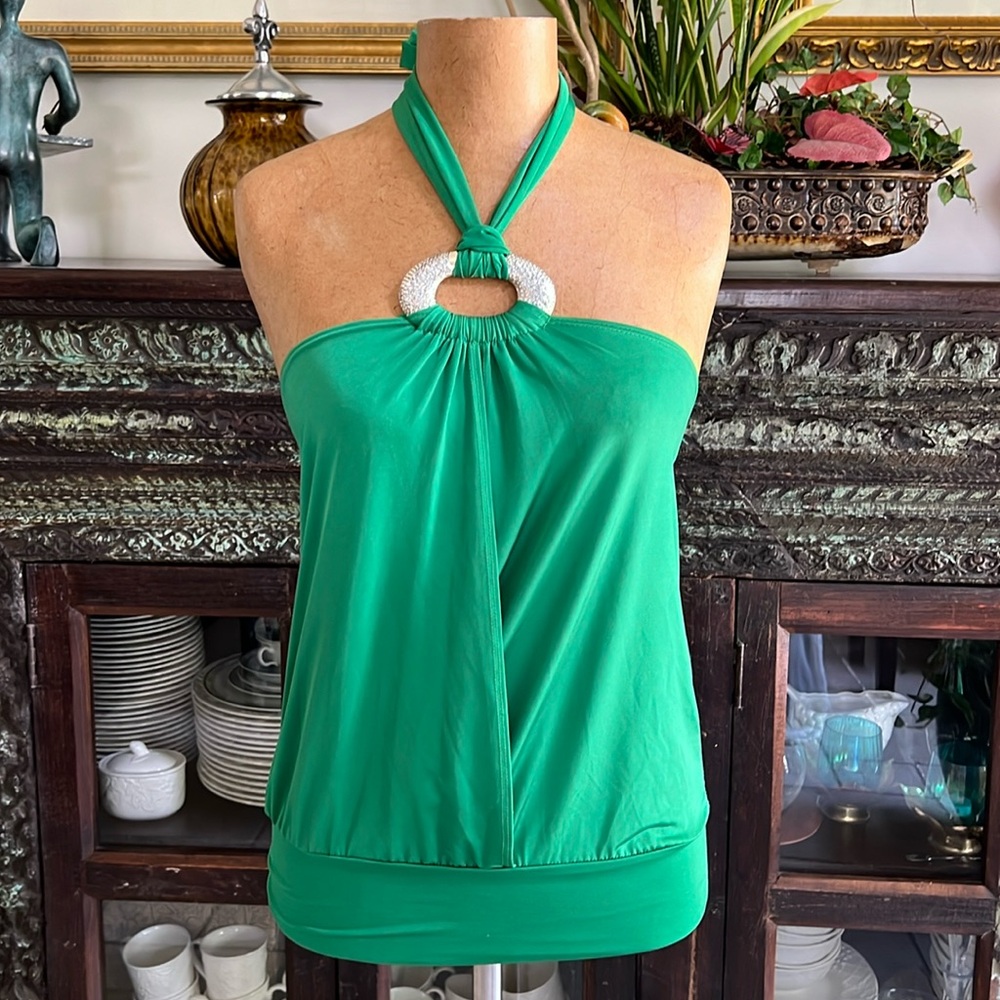 Lette Green Jeweled Halter Tie Blouse